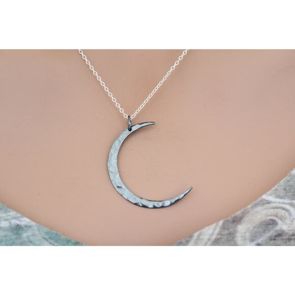 Black Sterling Silver Hammered Crescent Moon Charm Necklace - Picture 1 of 4